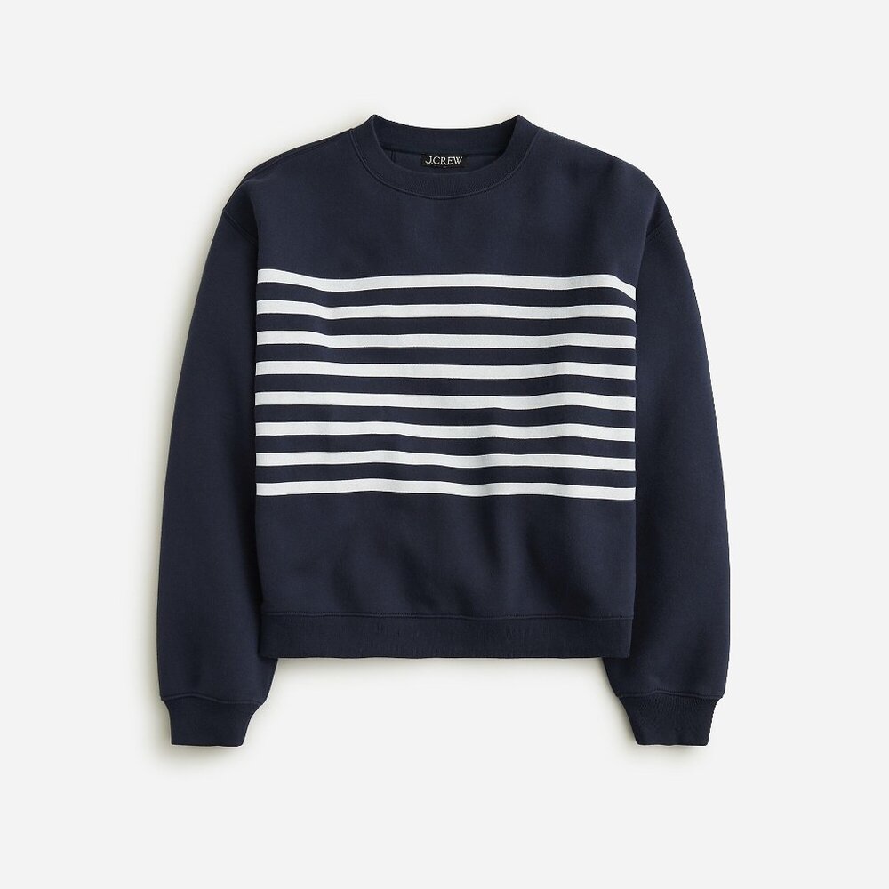 J. Crew Heritage fleece cropped crewneck sweatshirt in navy stripe, Wm Small